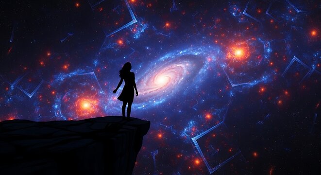 Silhouette Woman Gazing at Cosmic Galaxy with Universe Exploration Concept Art, and Dream.