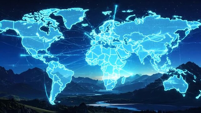 Digital world map with glowing lights over a beautiful mountain landscape view