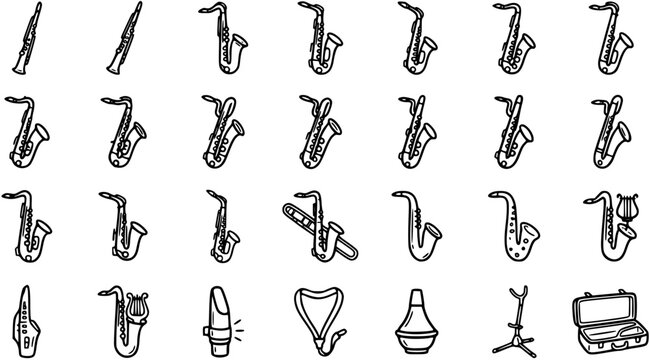 Music Instruments Vector Line Art Icons Set. Hand-drawn Saxophones, Oboes, Clarinets, and Woodwind Accessories in Black and White Outline Style.