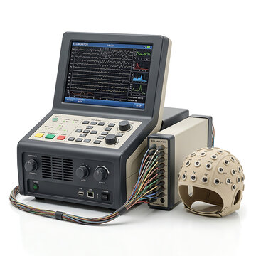 Advanced electroencephalogram medical device for brainwave monitoring and analysis with an attached cap transparent background