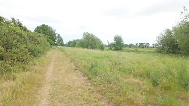 Castor Hanglands, Cambridgeshire, England, UK - June 01 2026: Walking point of view with gimbal.
Looking out head whilst walking with a forest to the left and meadows to the right on a calm and cloudy