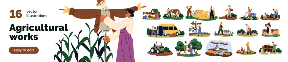 Agriculture works set. Farmers life with harvest, crop plants and rural animals. Farm workers at countryside. Agribusiness at country, village, farmland. Flat vector illustration isolated on white