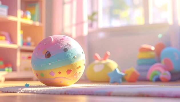 Vibrant pastel colored ball on a sunlit nursery rug.