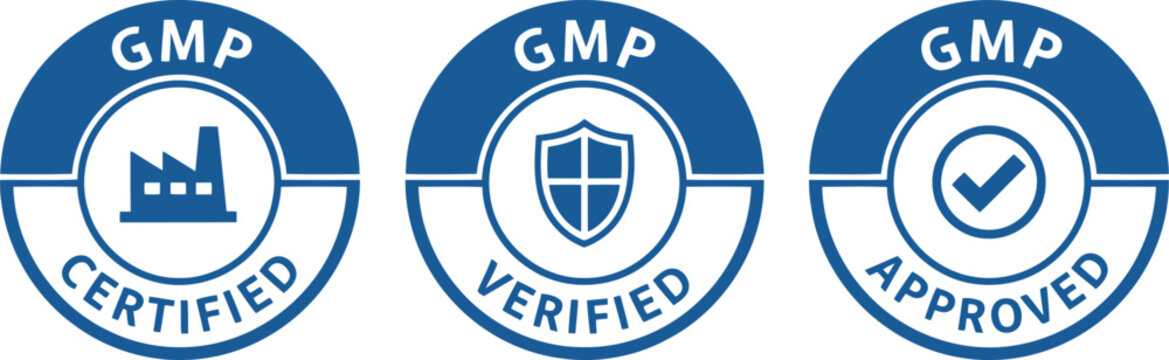 GMP Certified Verified Approved Blue Quality Assurance Badges Set