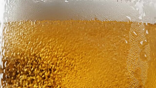 Cold amber beer with rising carbonation bubbles in misty glass