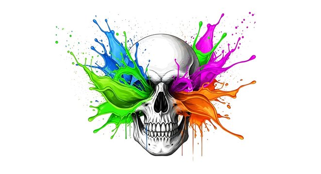 Skull Art Vivid Paint Splatters Bursting from Skull  Creative Illustration.