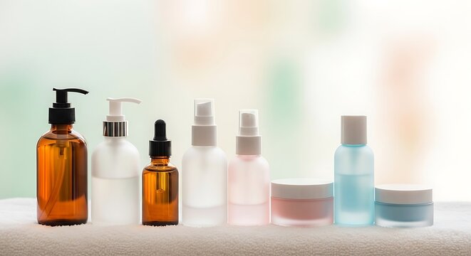 Skincare Products Arrayed on White Towel with a Soft with Bokeh Background.