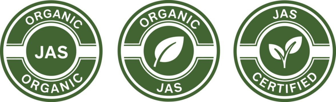 Green Organic JAS Certified Labels with Leaf Icons on White Background