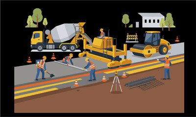 Fototapeta premium Civil Engineering Road Construction Site with Heavy Machinery and Surveyor Planning Infrastructure Vector Illustration