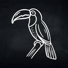 Fototapeta premium Black and white illustration of a toucan perched on a branch, showcasing its distinctive curved beak and detailed feather patterns against a dark background
