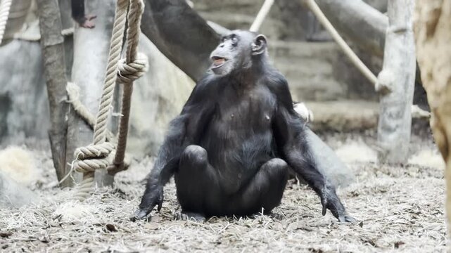 Young chimpanzee in zoo enclosure