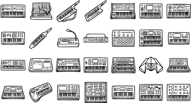 Electronic Musical Instruments Black and White Line Art Vector Icons Set. Synthesizers, Keyboards, Keytars, Samplers Doodle Style for Music Production.