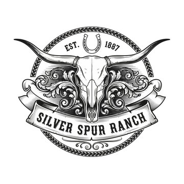 Vintage silver spur ranch bull skull western logo.