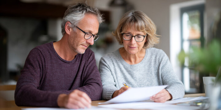 Mature couple reviewing documents at home