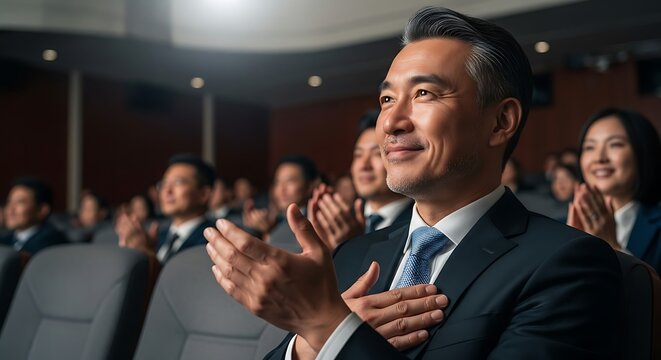 Smiling Asian Man Applauding in Audience at Business Conference with Success Concept.