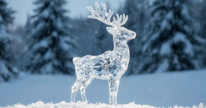 Ethereal Glowing Crystal Reindeer Figurine on Snowy Forest Background