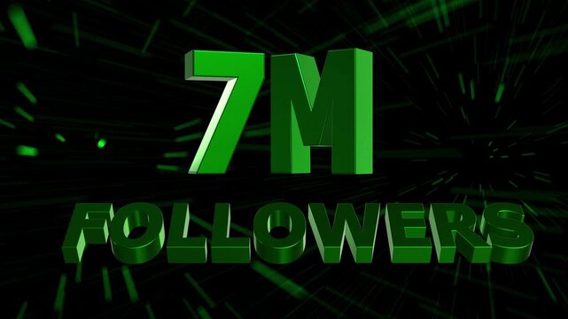 7 Million Followers Celebration Animation. 3D Social Media Milestone with Abstract Motion Lines Background 4K.