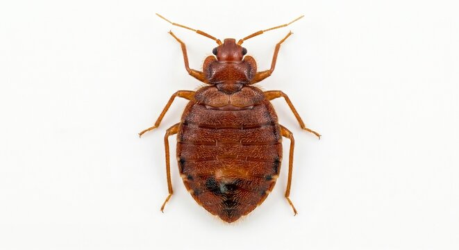Top-down view of adult bedbug isolated on white background