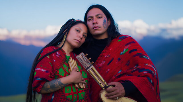 Portrait of a young indigenous couple wearing colorful traditional garments and holding pan flute instruments outdoors against a dramatic mountain landscape at sunset.