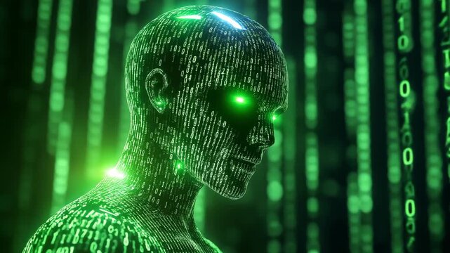 A human figure is formed with binary code while glowing green lights are shown against a dark backdrop. Concept of innovations in AI technology