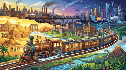 A captivating journey through time, from ancient Egypt and dinosaurs to a futuristic cityscape, powered by a vintage steam train © Simon