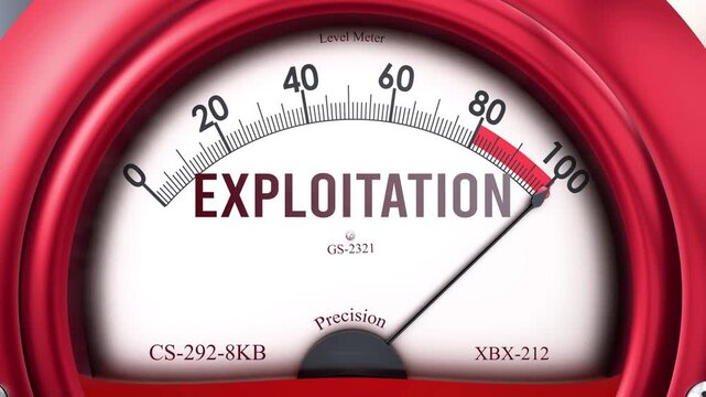 Exploitation meter that is hitting a full scale, increasing and high levels of exploitation, potential overload. Maximum exploitation value, off the charts.