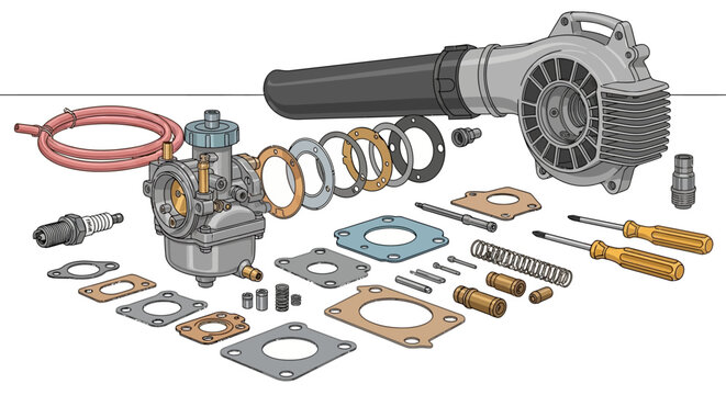Detailed diagram of engine components with tools and accessories