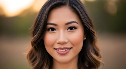 Obraz premium Smiling Asian Woman Portrait Joyful face with warm sunset bokeh background.