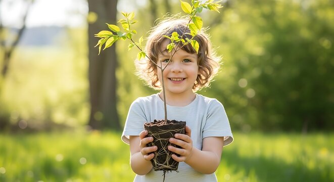 Smiling child planting a young tree in a lush green spring garden.