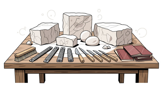 Stone carving workshop with tools on wooden table in cartoon style