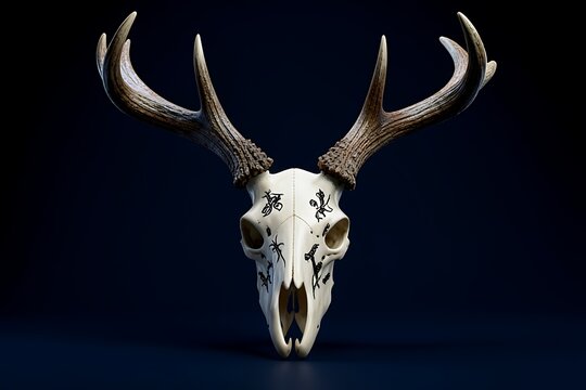 Bleached White Deer Skull With Antlers Isolated On Black Background
