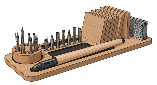 Wooden craft tool set with interchangeable tips and sandpaper on holder