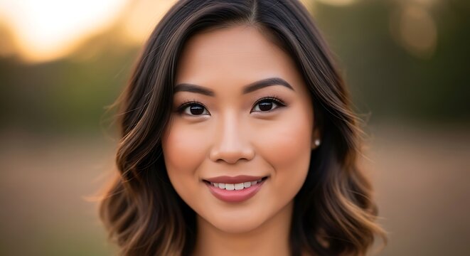 Smiling Asian Woman Portrait Joyful face with warm sunset bokeh background.