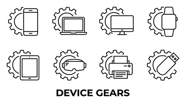 Device gears icons representing technology gadgets like phone laptop computer smartwatch tablet VR headset printer USB.