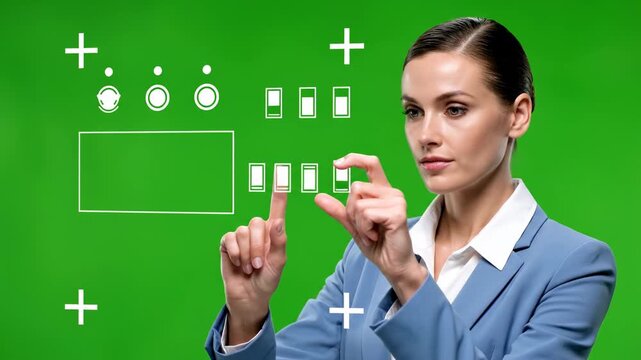 Business woman presenting product with hand gestures in modern office setting presentation
