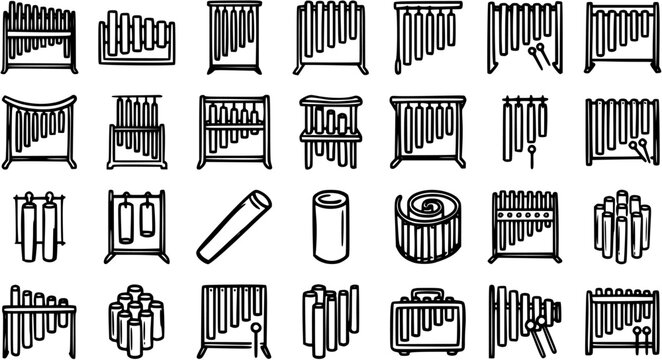 Black and White Line Art Icons of Various Xylophones and Percussion Instruments