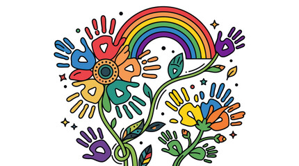 Fototapeta premium Rainbow Flower Handprints and Sparkles