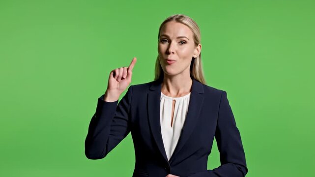 Business woman giving thumbs up in office setting wearing blazer suit