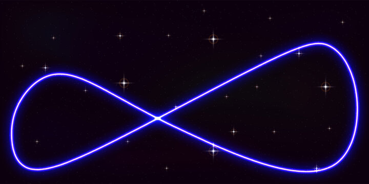 neon logo symbol of infinity distance with starry sky background.