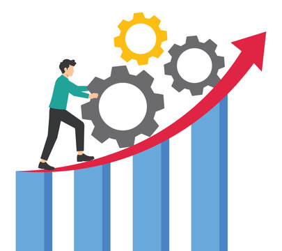 Businessman Pushing Gear to Drive Business Growth, Process Optimization and Productivity Improvement Concept, Flat Vector Illustration.