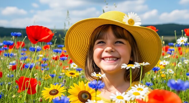 Smiling Girl in Yellow Hat Amongst Colorful Wildflowers with Sunny Field, and Happy Childhood.