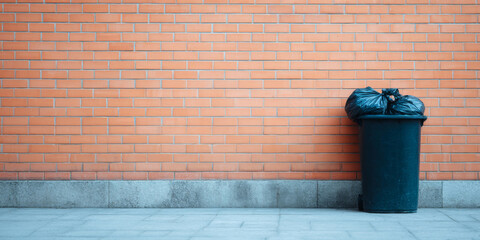Obraz premium Trash bin with bags against brick wall