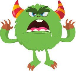 Fototapeta premium Cartoon cute and funny monster creature character design with scary horns and face expression waving hands . Vector illustration. For Halloween party decoration or package design