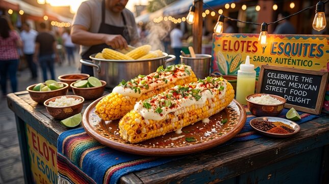 Deliciously grilled elotes topped with creamy sauce and spices at a vibrant outdoor market