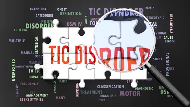 Tic Disorder under magnifying glass, being researched, studied and examined. Most important subjects and ideas closely related to tic disorder written around a puzzle.Can be looped.