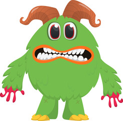 Fototapeta premium Cartoon cute and funny monster creature character design with scary horns and face expression waving hands . Vector illustration. For Halloween party decoration design