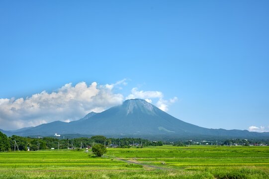 鳥取県伯耆町の広大な水田の向こうにそびえ立つ夏の伯耆大山と雄大な自然景観/Summer Mount Daisen Towering Beyond the Vast Rice Paddies and Majestic Natural Landscape in Hoki Town, Tottori Prefecture