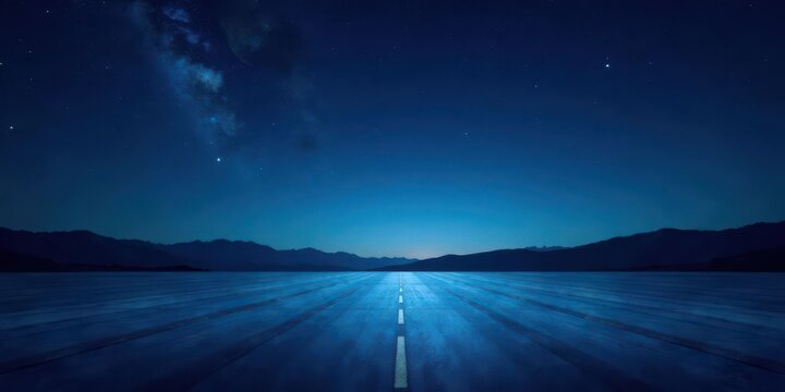 Serene Night Journey A Long, Straight Road Under a Starlit Sky with Distant Mountains