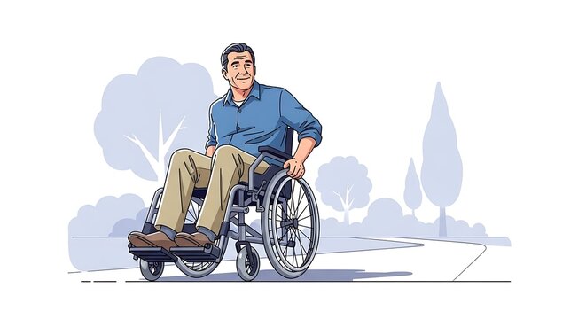Smiling Man in Wheelchair Outdoors on a Sunny Day with Vector Illustration.