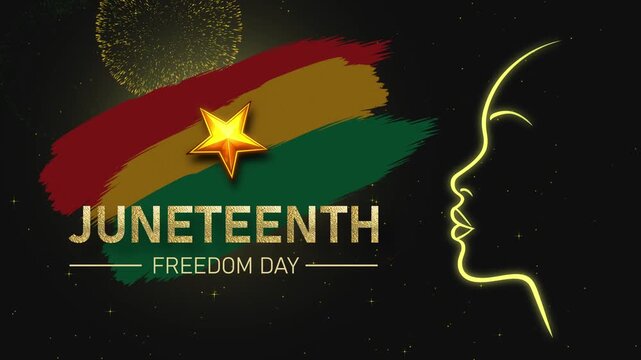 Juneteenth Freedom Day animation featuring a glowing profile outline, Pan African brush stroke colours, gold star accent, glitter text, and floating particles. Emancipation day.